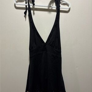 Black Beaded Halter Top - Sequin Details & Lettuce Trim Hem - Y2K Aesthetic